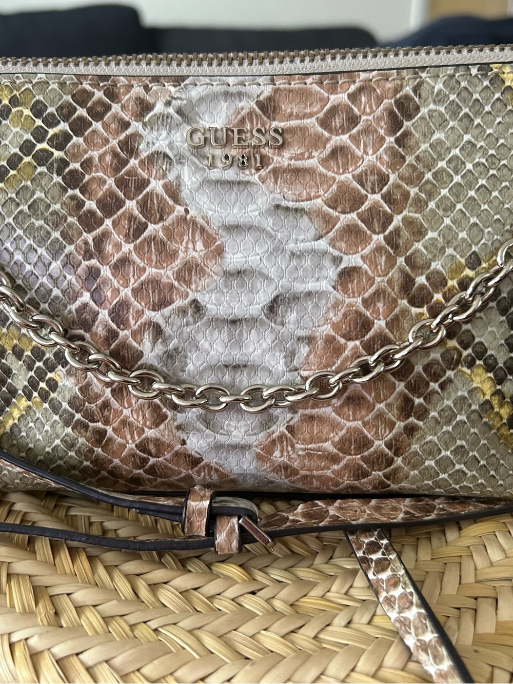 GUESS Snake-Print Chain Crossbody Bag in Brown Cream Yellow